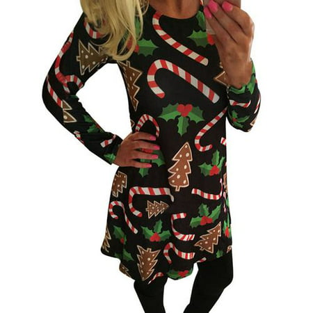 Yves Christmas Woman's Cute Casual Christmas Tree Candy Cane Sugar Printed Round Neck Long Sleeve Dress