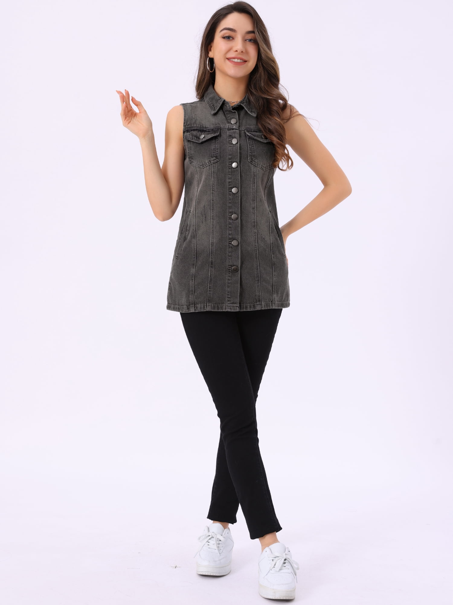 DARING DIVA Women's Button Down Sleeveless Pockets Mid-Long Denim Vest XS Grey