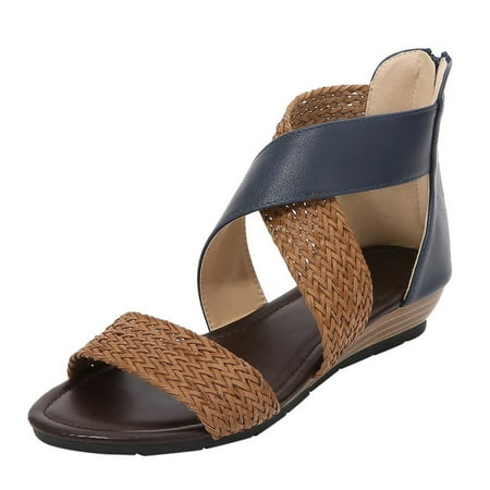 

Egmy Women Weave Wedge Heel Shoes Zipper Sandals Casual Beach Sandals Roman Shoes