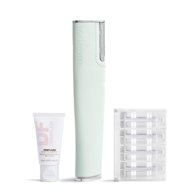 DERMAFLASH LUXE+ Herramienta de dermaplaning sónica para eliminación de pelusa de melocotón facial, antienvejecimiento y exfoliación, espuma de mar