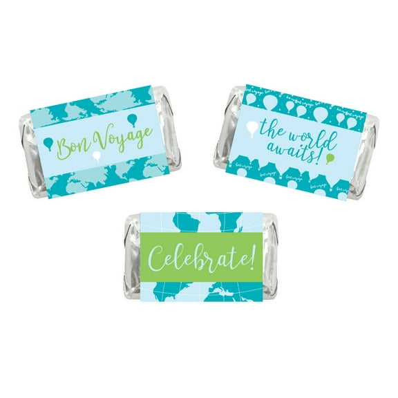 Hot Air Balloon Adventure World Map Party, Blue Green, Chocolate Minis Labels Party Favors, 36-pack