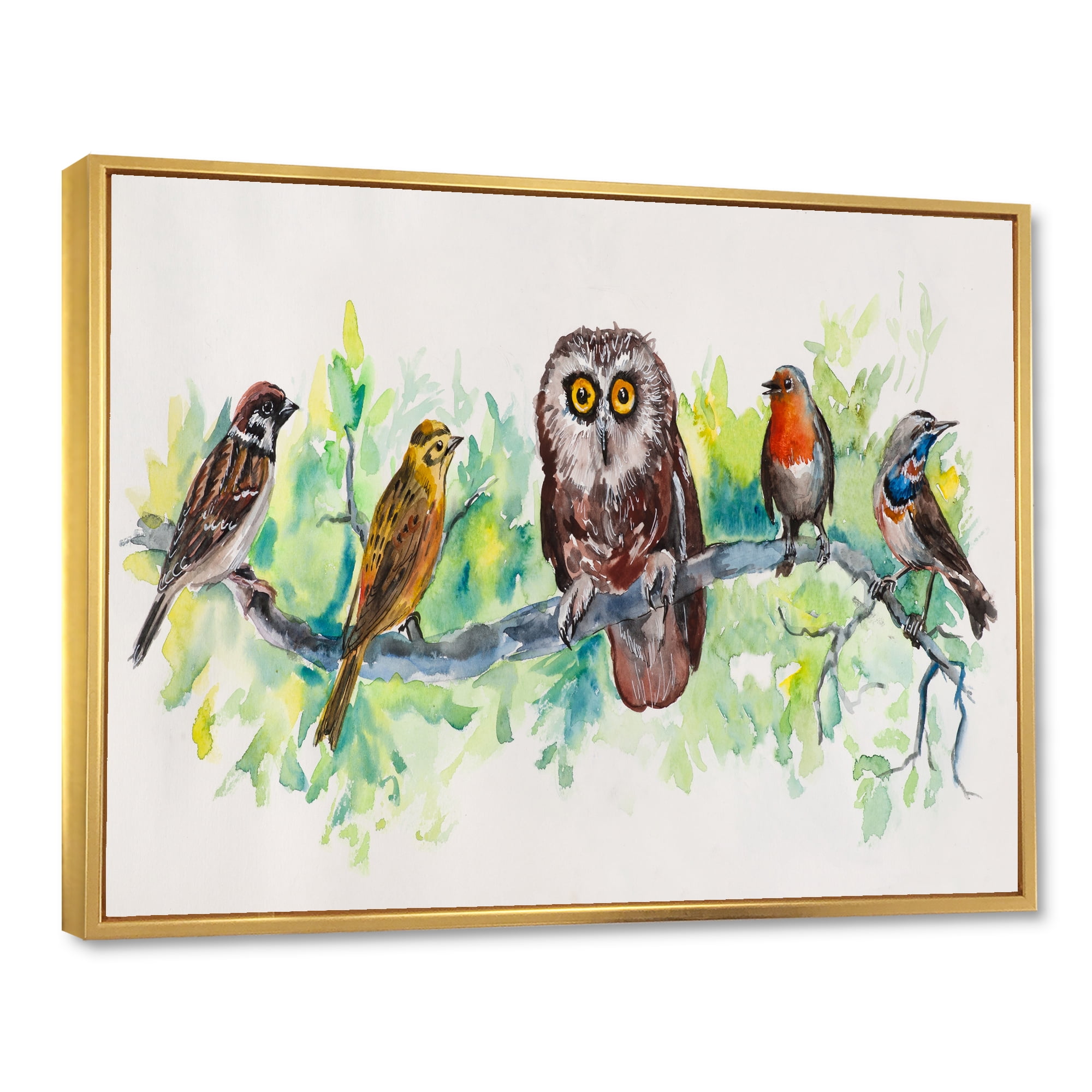 Designart 'Bird Friends With Owl On A Branch' Traditional Framed Canvas Wall Art Print