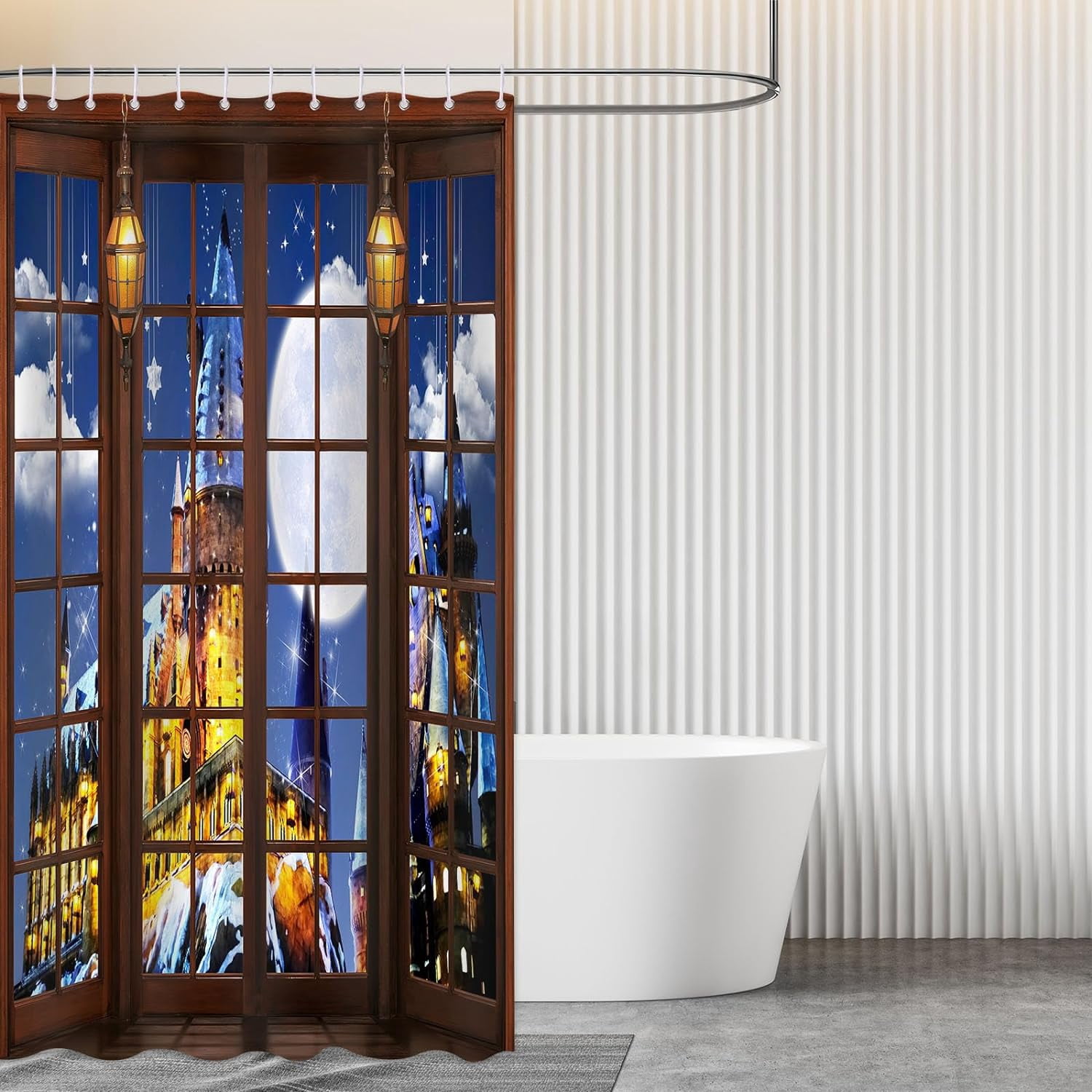 Magic Castle Shower Curtain, Wizard School Window Night Sky Moon Shower Curtain Set Fairytale Castle Bathroom Decor Waterproof Fabric Bath Curtain with 12 Hooks, 72x72 inches