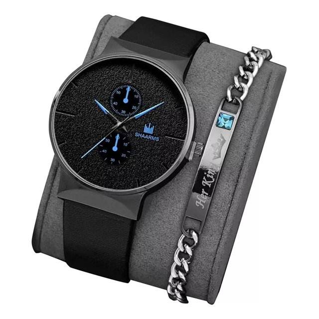 Set Reloj Hombre De Cuarzo De Negocios Pulsera Caja negro
