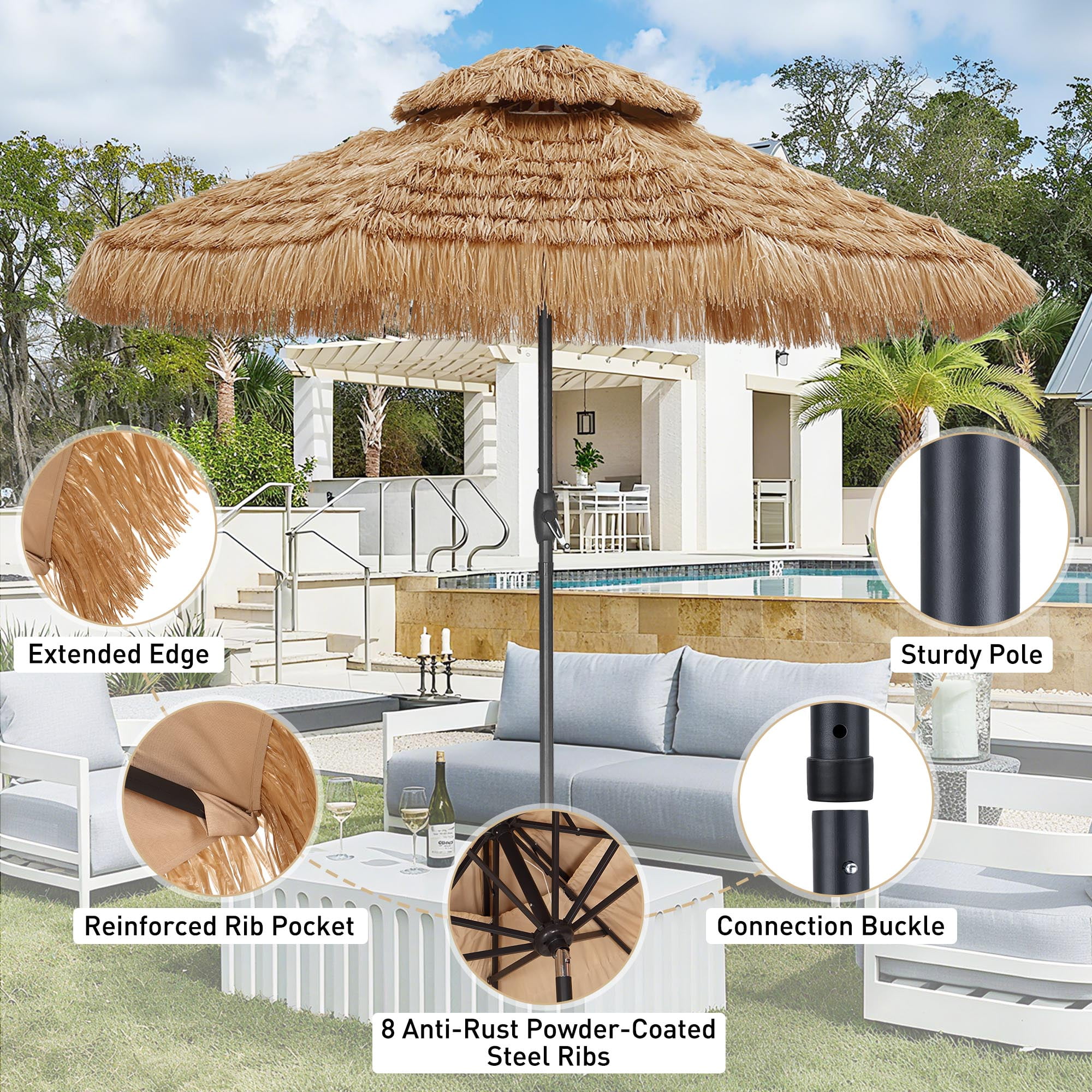 Autlaycil 9 ft Hula Tiki Outdoor Umbrella, 2-Tier Thatched Beach Umbrella, Pool, Patio, Yard, Garden