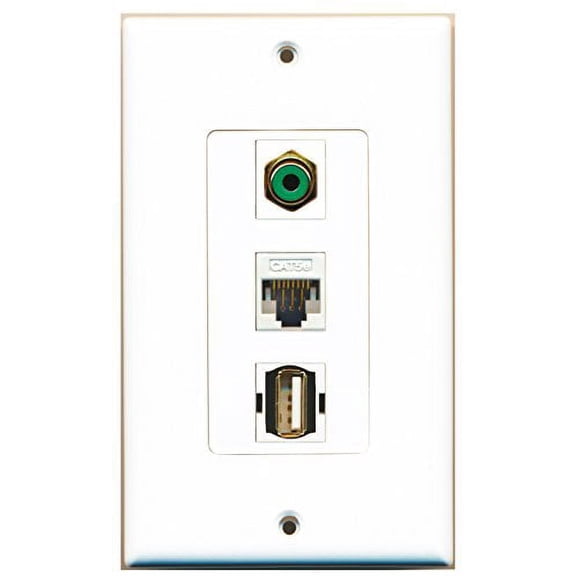 RiteAV - 1 Port RCA Green and 1 Port USB A-A and 1 Port Cat5e Ethernet White Decorative Wall Plate