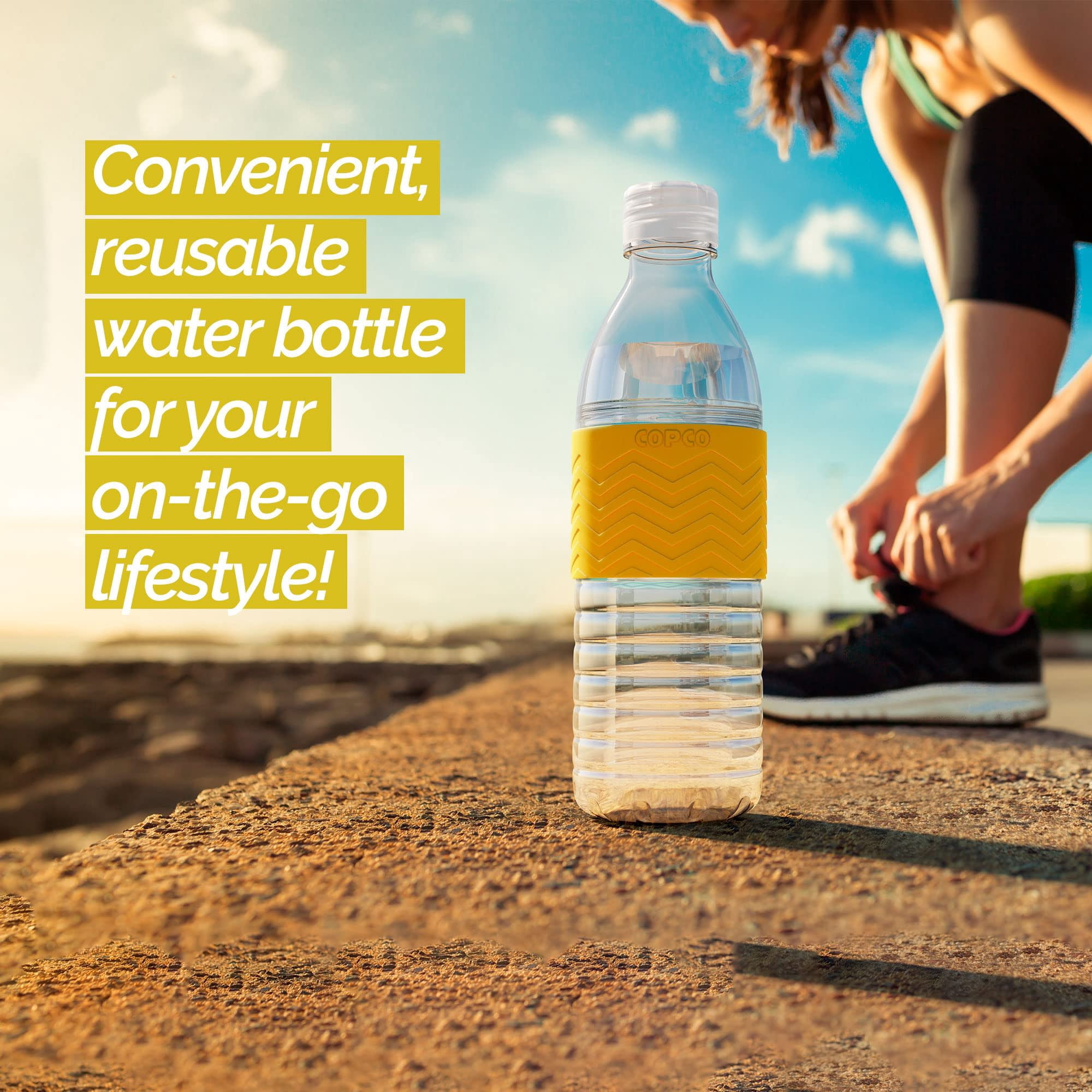 Copco Hydra Reusable Water Bottle Set of 2 - 16.9 oz, BPA-Free, Tritan Plastic, Spill-Resistant Twist Lid Bottles for Gym, Office & School, Sports & Outdoor Activities with Non-Slip Sleeve (Yellow)