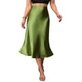 thumbnail image 2 of Women Solid High Waist Silky Casual Elastic Satin Midi Skirt Green S, 2 of 8