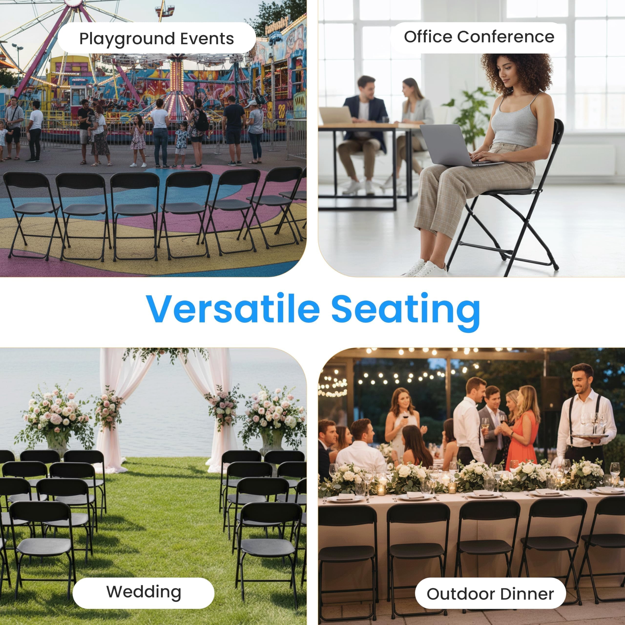 Simple Deluxe 6-Pack Plastic Folding Chair, Portable Chair with Metal Frame, 330lb Capacity, Foldable Stackable Indoor Outdoor Chairs for Wedding, Party, Picnic, Office & Dining, White