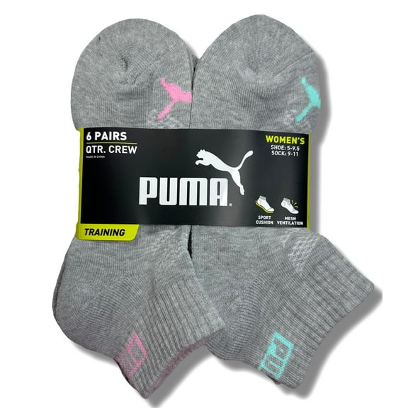 PUMA SOCKS WOMEN'S - QUARTER 253 - ZING GREY PINK - SHOE SZ 5-9.5 -PACK 6