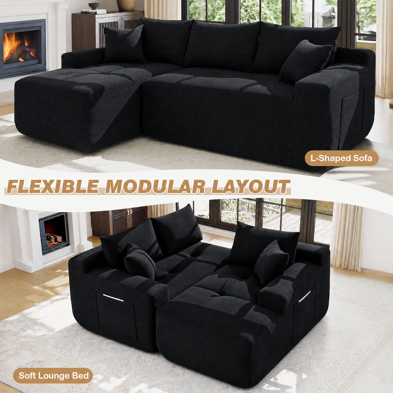 Lunale L-Shaped Modular Sectional Sofa with Left Chaise, No Assembly Required, Boneless Polyester Cloud Couch for Living Room, Black