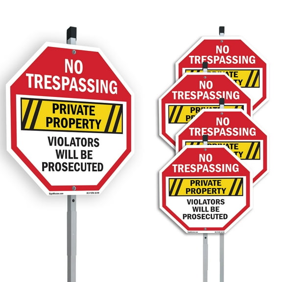 No Trespassing Private Property Violators Will Be Prosecuted (5 Pack) 10 inch X 10 inch Octagon Aluminum Metal Signs with Aluminum Mounting Stakes Weather Resistant UV Protected for