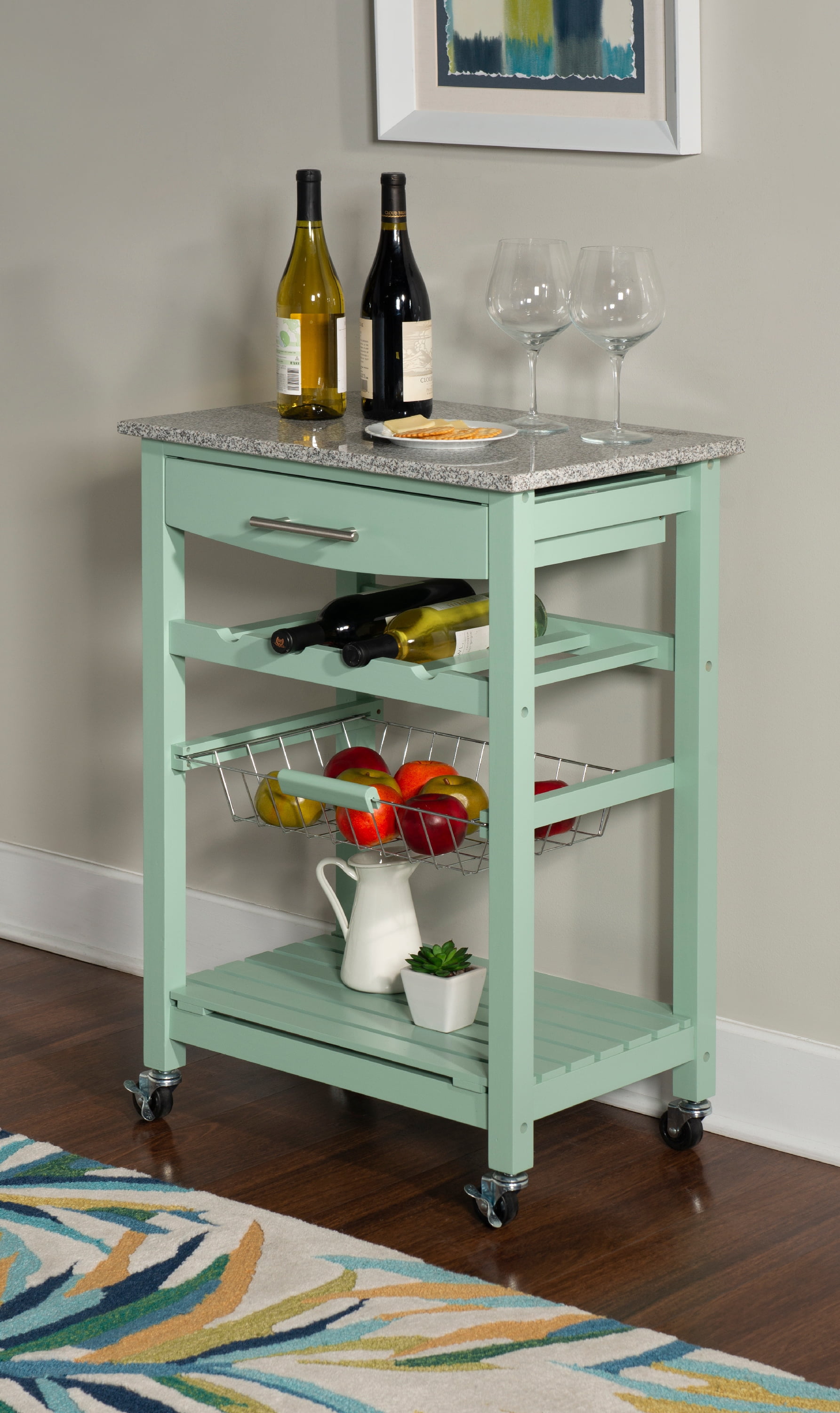Linon Neyrey Mobile Kitchen Island with Speckled Granite Top, Green