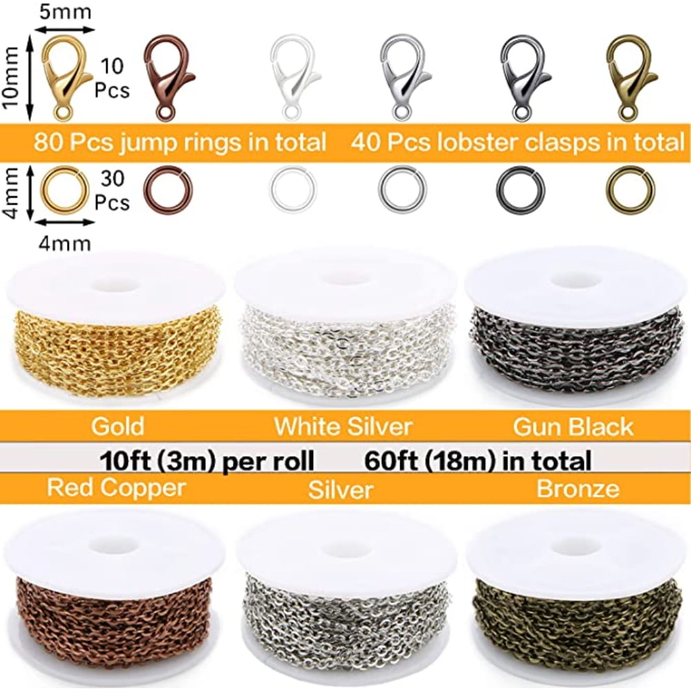 MesaSe 60 Feet Necklace Chains for Jewelry Making Supplies, Link Chain Rolls for Necklaces Earrings Bracelets Craft Findings 6 Colors 2mm Gold Silver Plated Metal Jewelry Making Kit