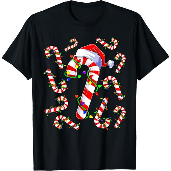 Women’s Christmas Party T-Shirt Candy Cane and Lights Print Casual Holiday Tee