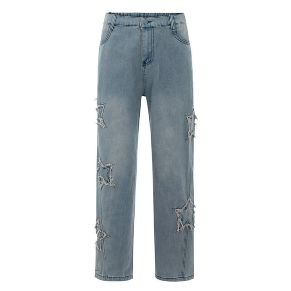 Mens Denim Pants Fashion High Street Washed Old Loose Fashion Mens Jeans Relaxed Fit,Blue,S