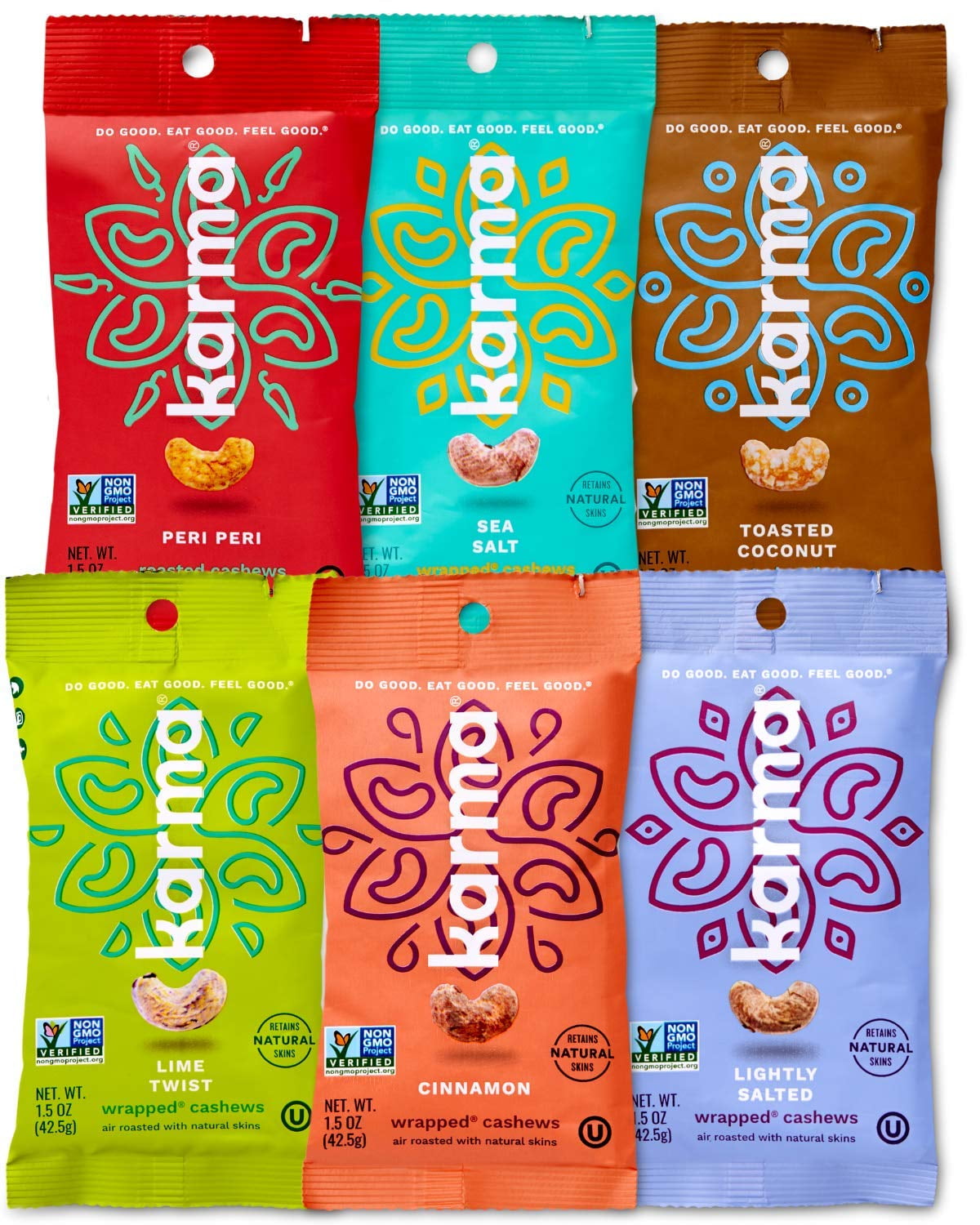 Karma Nuts Cashews Variety Pack 6, 1.5 Ounce Snack Packs Whole