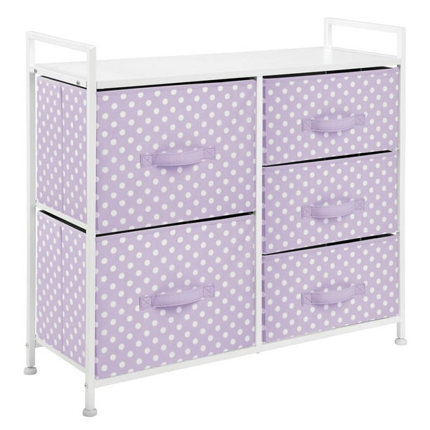 Mdesign Storage Dresser Furniture Unit Tall Baby And Kid Organizer Stand For Bedroom Nursery Playroom Closet 5 Drawer Removable Fabric Bins Polka Dot Wisteria Purple White Com Mdesign Storage Dresser Furniture Unit, Purple Storage Bins With Drawers