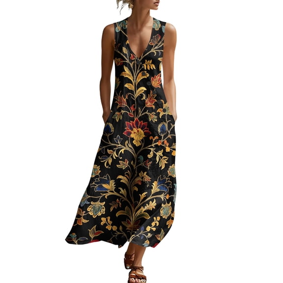 Atogsazn Floral Print Maxi Dress for Women Casual Boho Linen V Neck Sleeveless Dresses Flowy Summer Trendy Yellow XL Fashion