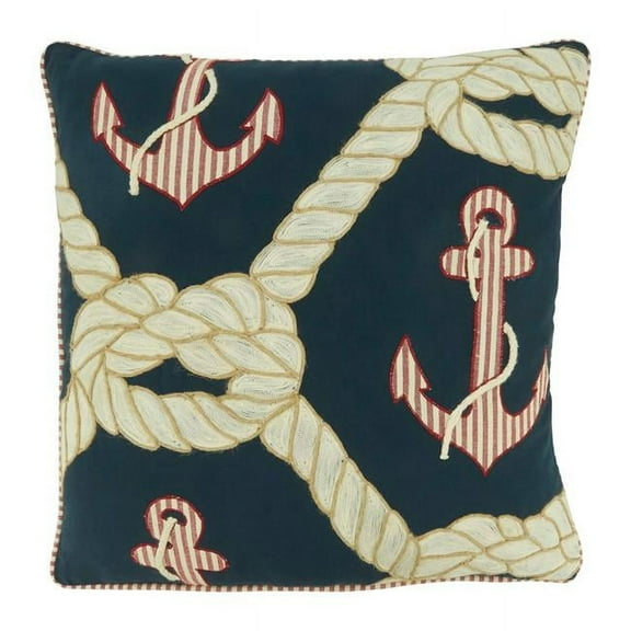 Saro Lifestyle 3030.NB18SP 18 in. Poly Filled Anchor & Rope Throw Square Pillow, Navy Blue