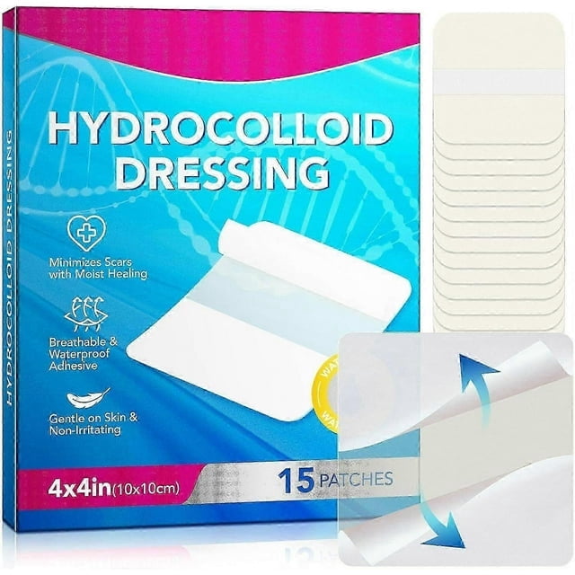 Paquete de 15 apósitos hidrocoloides para heridas - Apósito hidrocoloide de 10 x 10 cm (4" x 4") de rápida cicatrización - Estéril e impermeable - Apósito adhesivo grande para heridas