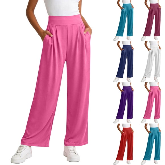 YFNNUP Women's Wide Leg Palazzo Pant Elastic Waist Lounge Pants Lightweight Stretch Trouser Summer Casual Going Out Trousers with Pockets Red S