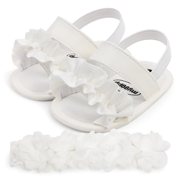 Sandalias de verano para bebés y niñas de cuero de PU Casual con volantes antideslizantes suela suave zapatos para caminar recién nacidos con diadema 0-18 meses