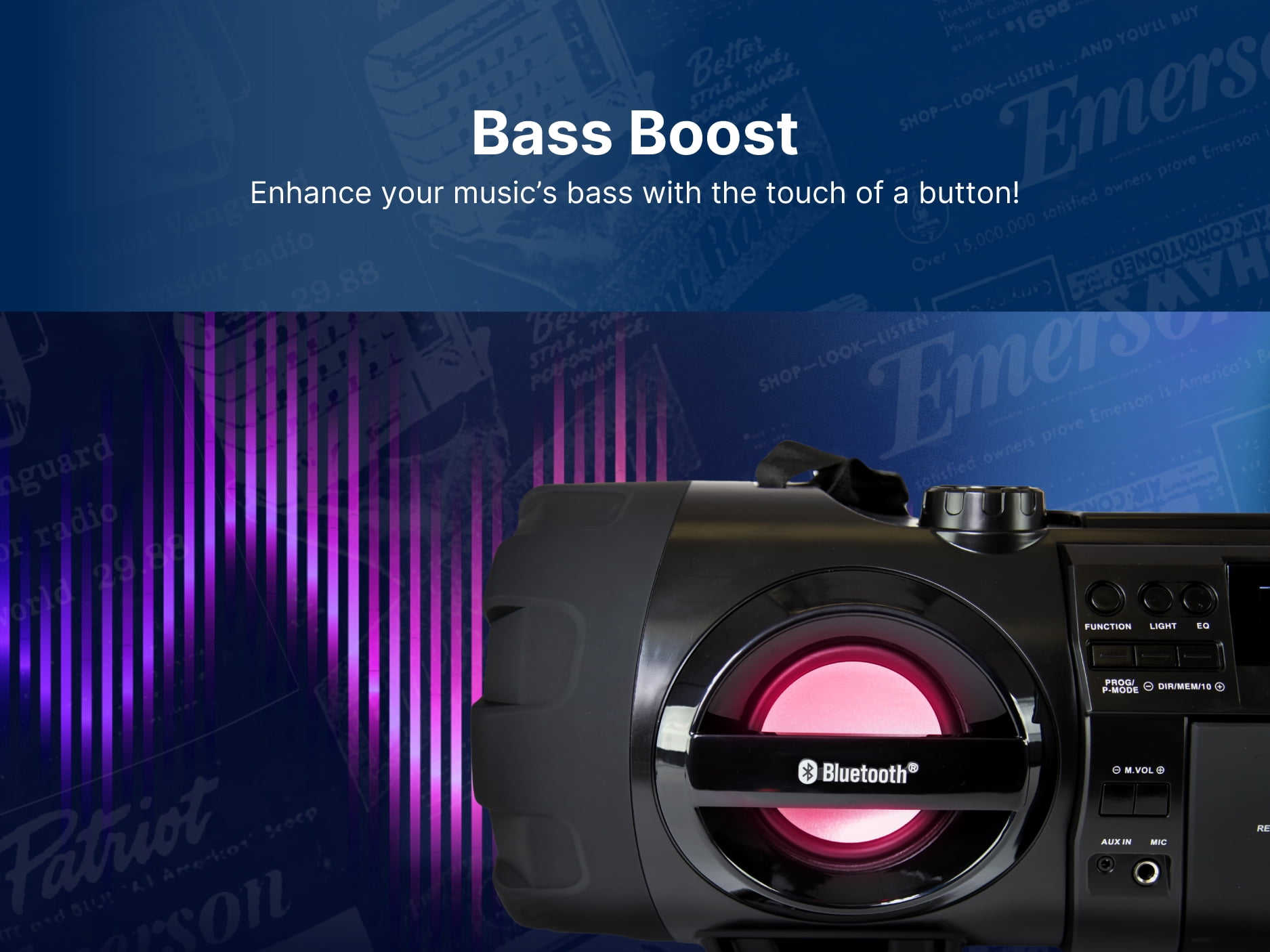 Emerson EPB-3001 Dual Subwoofer Bluetooth Boombox, Black