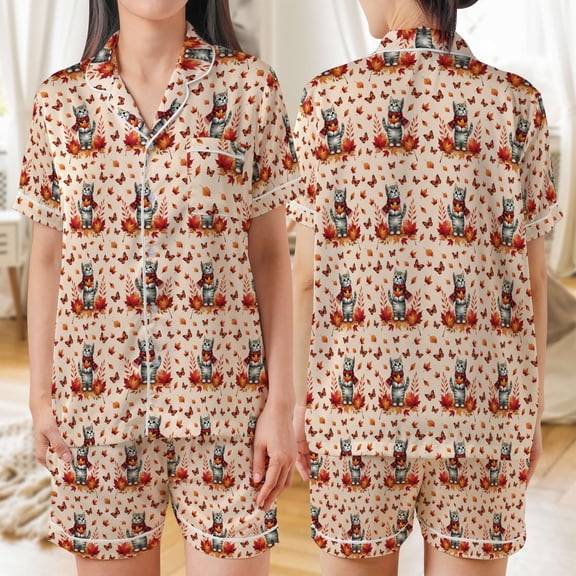 Lotusprinthandmade Cute Fall Cat Satin Short Sleeve Pajamas Set S