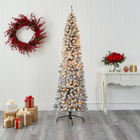 Nearly Natural 7' White Flocked Pencil Artificial Christmas Tree Prelit 400 Clear Lights