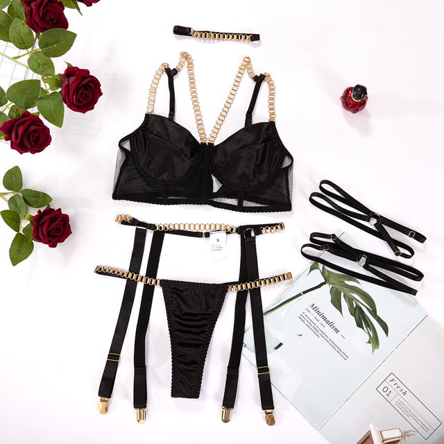 2023 ropa interior sexy europea y americana cadena de metal sexy traje de tres piezas negro S ShuxiuWang 1327537348818