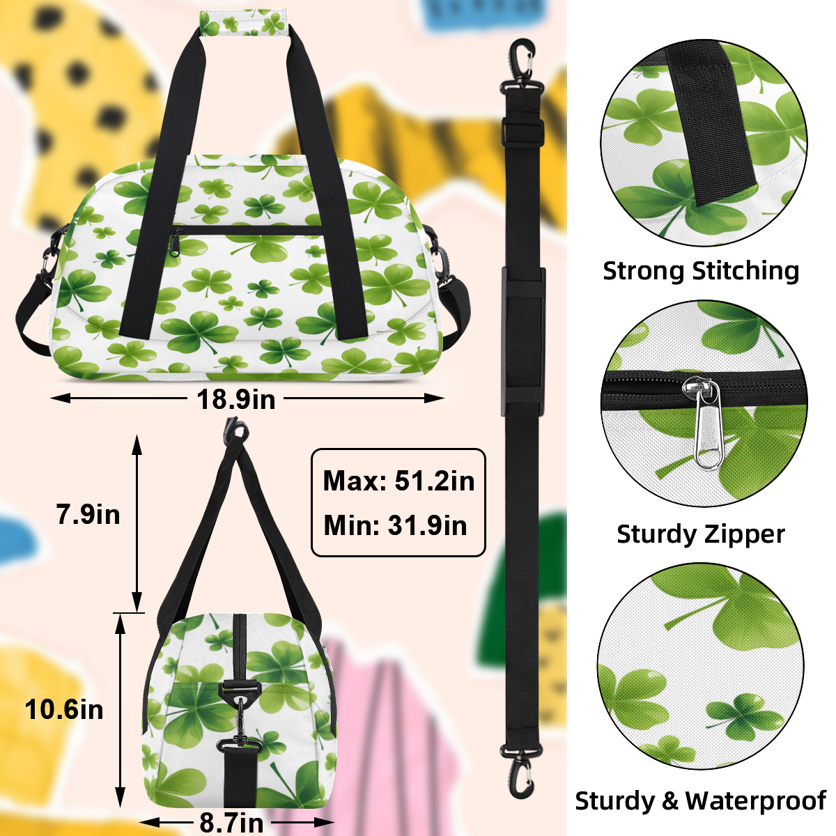 Herdesigns St Patricks Day Lucky Clover Sports Duffle Bag for Women & Men, Gym Bag Dance Bag Overnight Bag Carry On Weekender Travel Bag