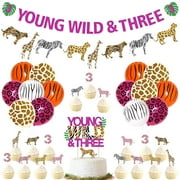 Young Wild and Three Decorations Girl Safari - Jungle Theme 3rd Birthday Decorations, Include Young Wild and Three Banner Animal Garland Jungle Animals Cake Toppers Pink Cheetah Balloons