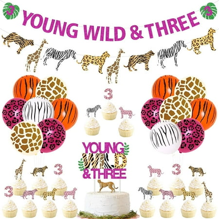 Young Wild and Three Decorations Girl Safari - Jungle Theme 3rd Birthday Decorations, Include Young Wild and Three Banner Animal Garland Jungle Animals Cake Toppers Pink Cheetah Balloons