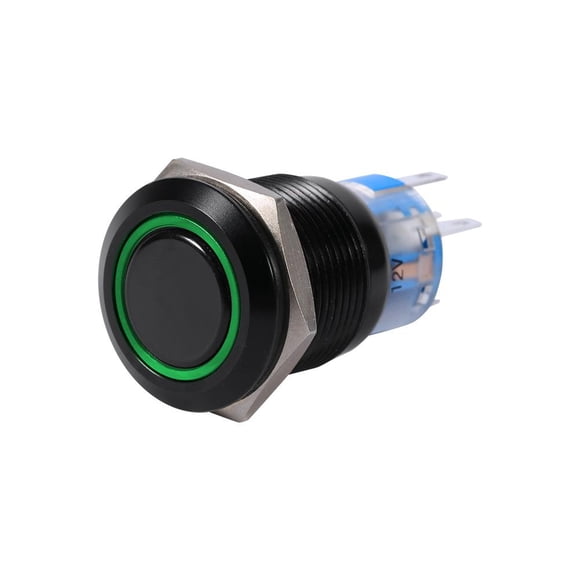Interrupteur Plat à Bouton-Poussoir Étanche Noir 19Mm 12V Marche/arrêt Auto-Bloquant, Interrupteur à DEL Vert, Auto-Bloquant