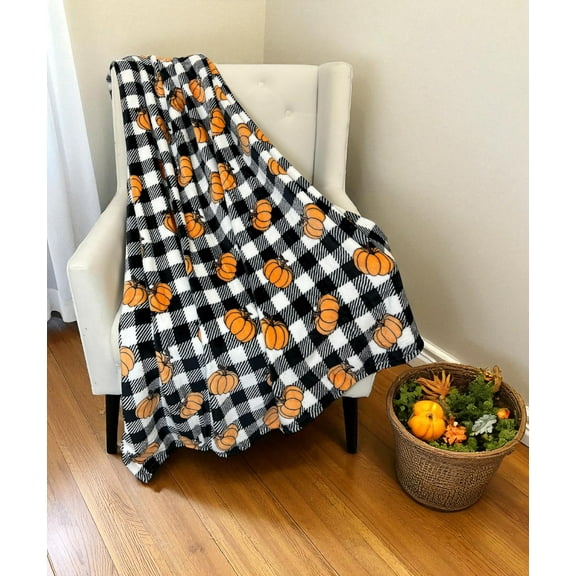 Serafina Home Fall Throw Blanket: Modern Country Black and White Checked with Orange Pumpkins (Buffalo Check)