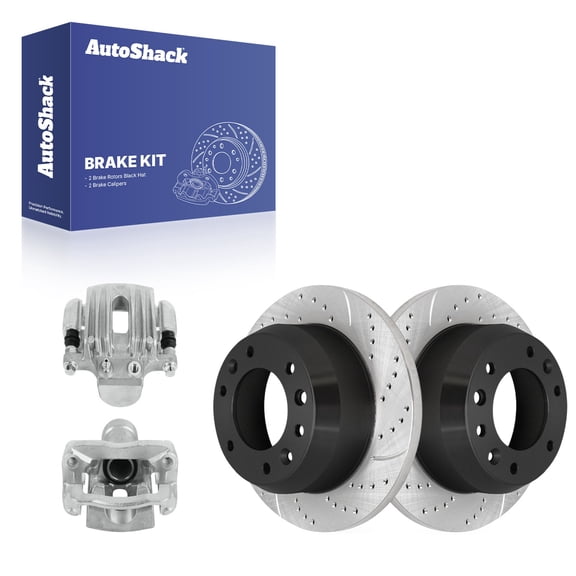 AutoShack Rear Solid Drilled & Slotted E-Coated Brake Rotors   Calipers 4-PC Brake Kit Replacement for 2007 Hyundai Entourage 2006 Kia Sedona ShadowGuard 11.89" (301.9 mm)