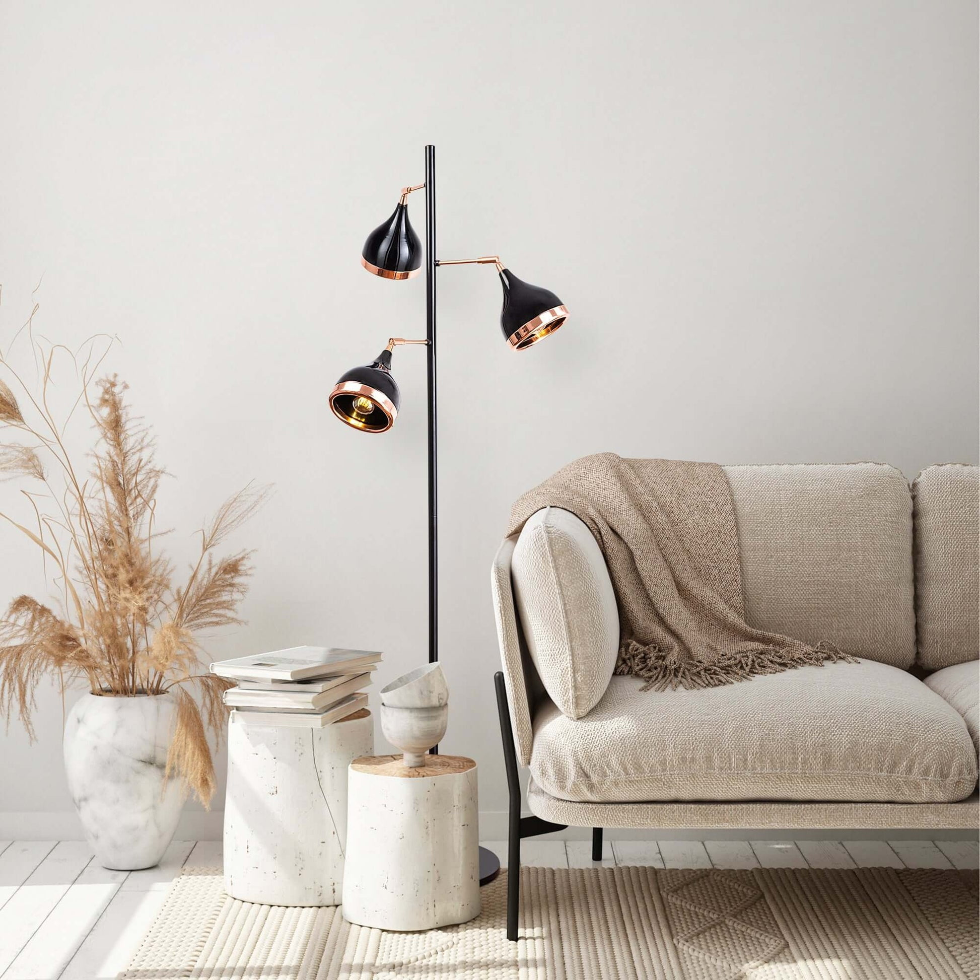 Swift Beacon Midnight Trinity Floor Lamp for Living Room - Durable Shiny Black Finished Metal Body, Perfect Tall Lamp for Bedroom, Office and Workspace