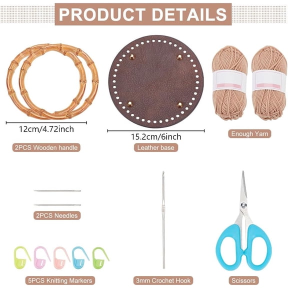 DIY Bamboo Handle Handbag Crochet Kit Crochet Bag Kit Including All Crochet Accessories Crochet Starter Kit for Beginners Crochet Yarn Crochet Hook Crochet Gift Brown