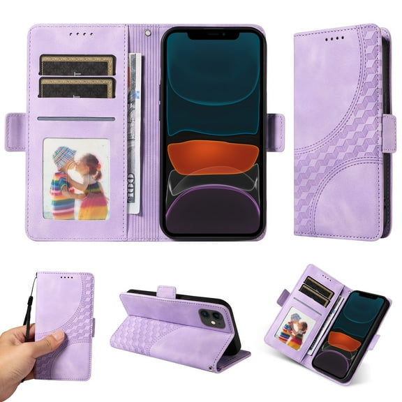 ELEHOLD For iPhone 11 Leather Wallet Phone Case, Embossed Diamond Folio Flip Cover, Card Holder Cash Slot, Stand Support, Wrist Strap Lanyard -Purple