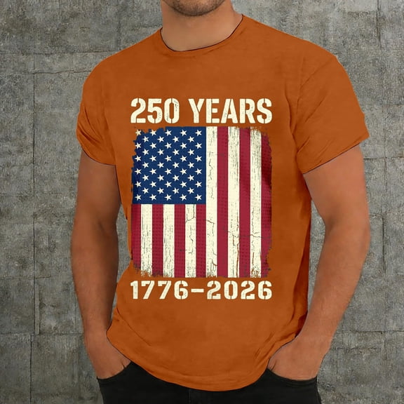 Mens Graphic T-shirts 250 Anniversary USA Shirt Short Sleeve Crewneck Tee Independence Day Celebration T Shirt for Men Orange S