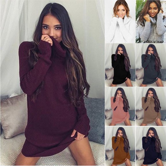 Stylish High-Neck Solid Color Thigh-Length Sweater Dress