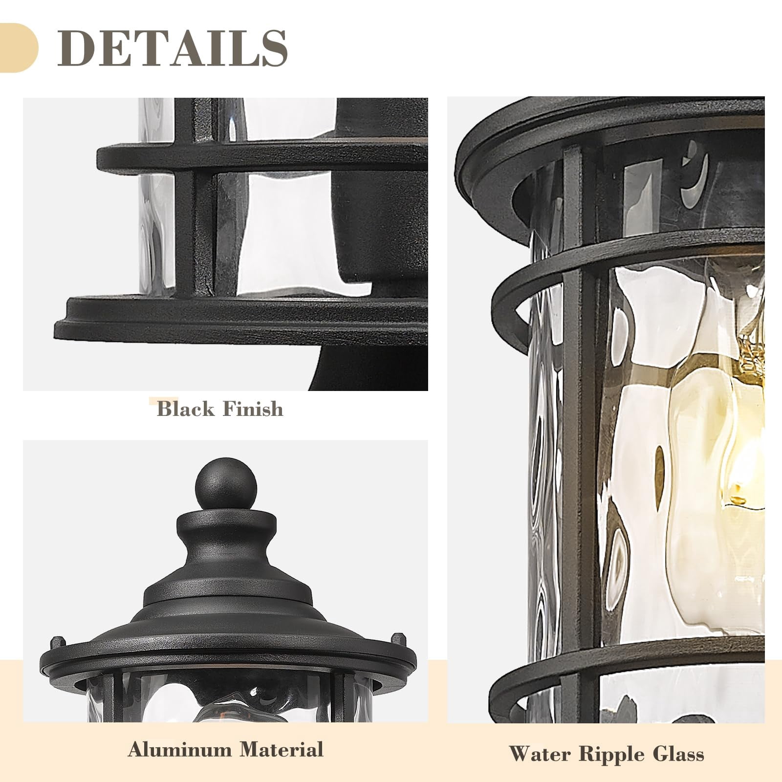 Emliviar 15 inch Modern Outdoor Lamp Post Light for Patio Garden, Water Ripple Glass, Black Finish, XE229P-WG BK