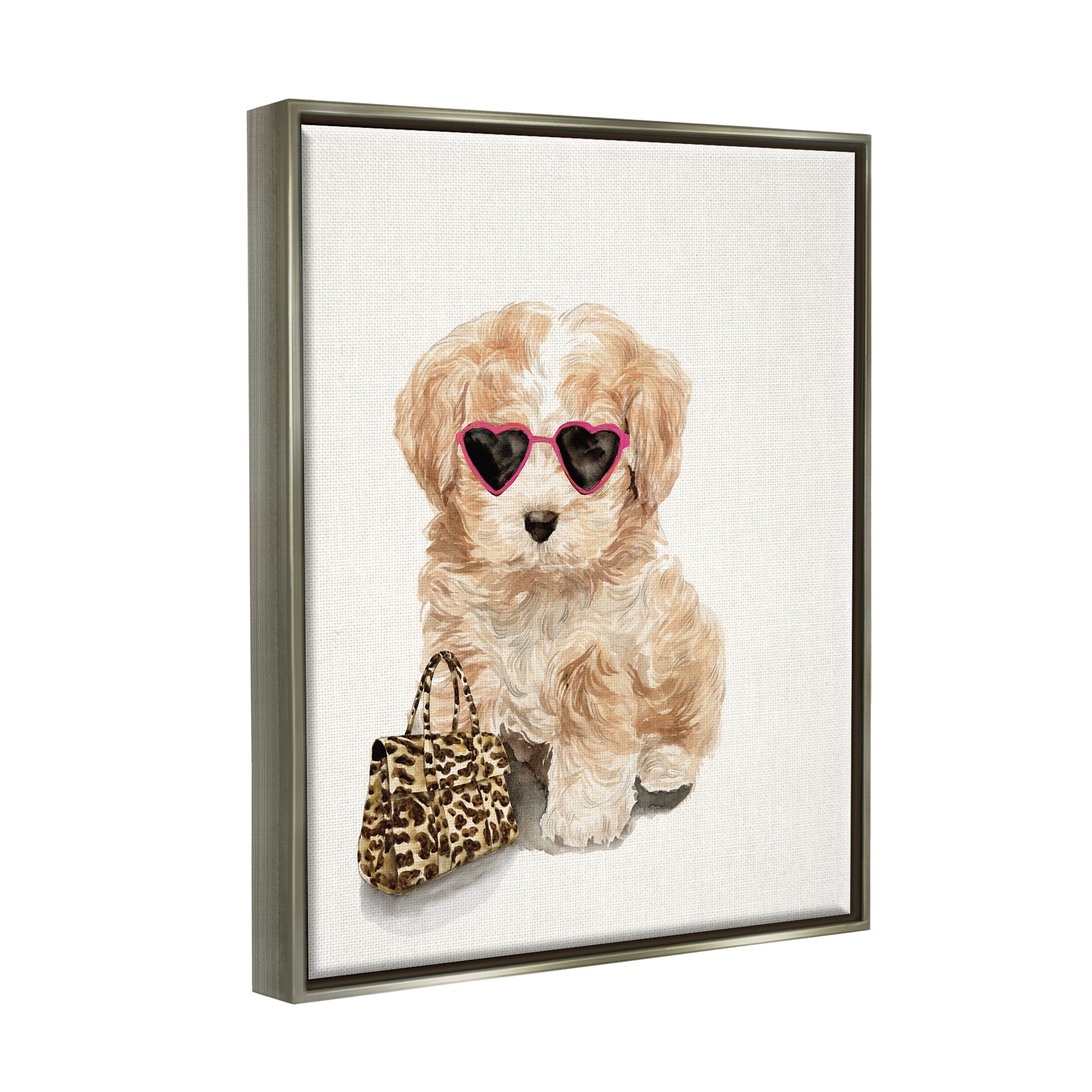 Stupell Industries Trendy Puppy with Purse Animals & Insects Painting Gray Floater Framed Art Print Wall Art, 25 x 31
