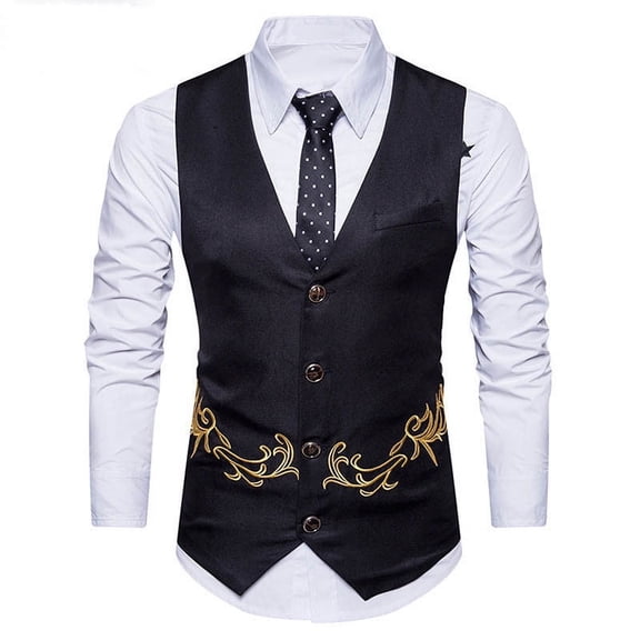 QIPOPIQ Clearance Men's Suit Vest Blazers Embroidered Single Breasted Slim Sleeveless Jacket Business Waistcoat Vests