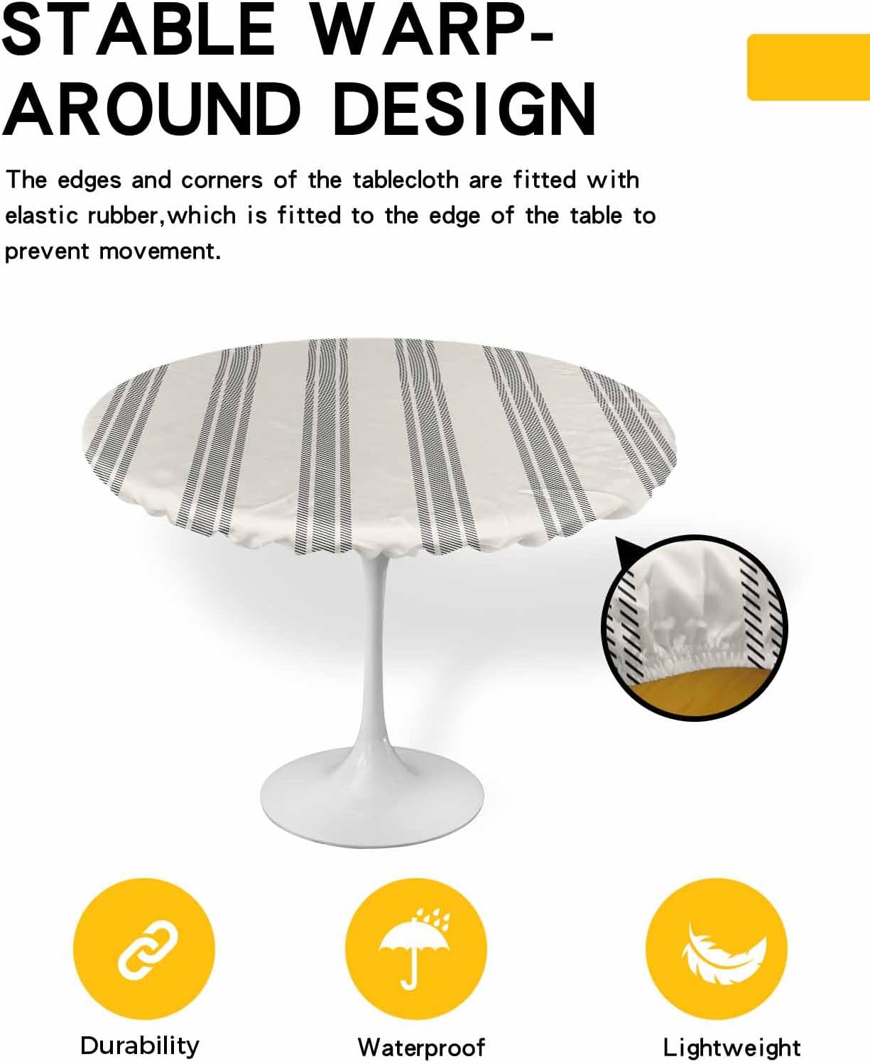 Blue Beige Stripe Round Tablecloth Fitted Table Cover, Retro Farmhouse Geometric Striped Elastic Tablecloths Waterproof Outdoor Indoor Stretch Cloth Tablecover for Dinner, Party, Shower, 36-44IN