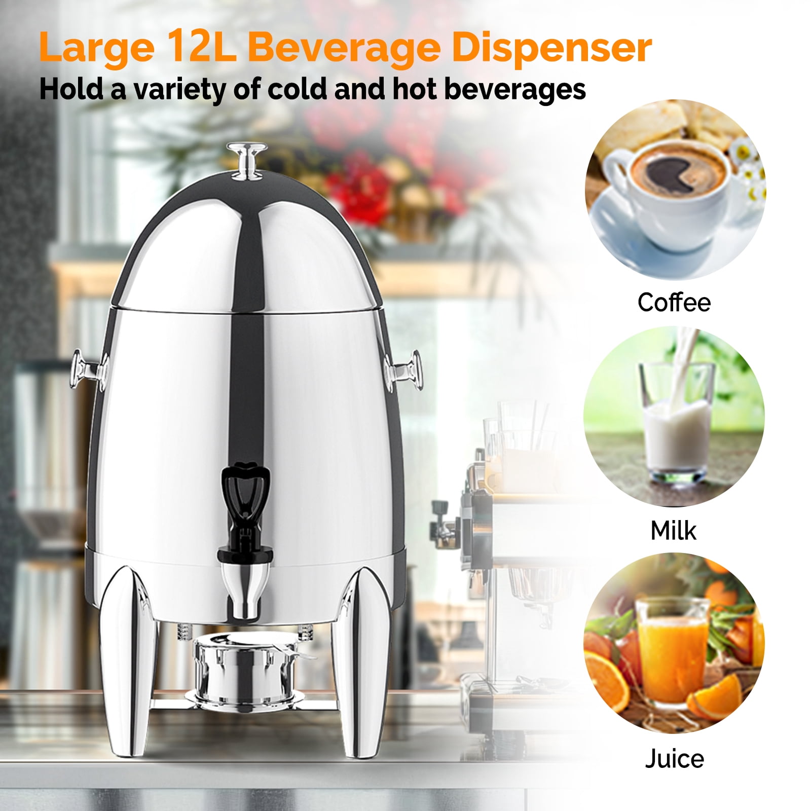 ROVSUN 3 Gallon/12L Beverage Dispenser, Stainless Steel Coffee Chafer Urn with Fuel Holder, Drink Dispenser with Stand Ice Container Spigot, Hot & Cold Drinks for Party Catering Buffet Banquet,Silver