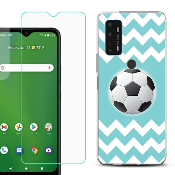 Slim-Fit Gel TPU Phone Case for Cricket Dream 5G, with Tempered Glass Screen Protector, by OneToughShield ® - Chevron/Soccer