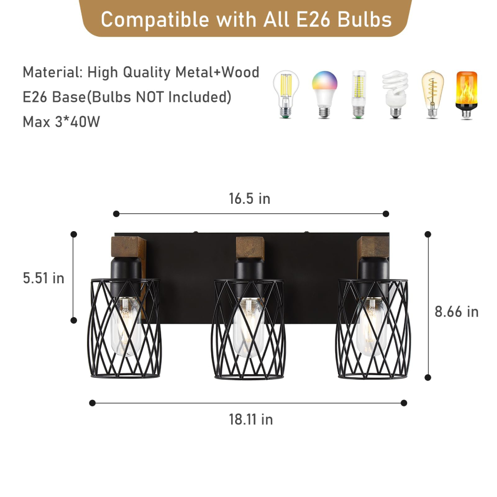 3-Light Wall Sconce, Black Metal Cage Fixture, Vintage Industrial Style for Bathroom/Hallway/Living Room, Bulbs Not Included
