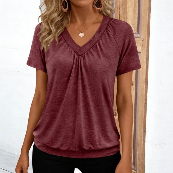 Jacenvly Womens Tops Casual Clearance Fashion Women's Casual Short Sleeve V-Neck Top Blouse Ladies Shirt Pullover Womens Tops Plus Size